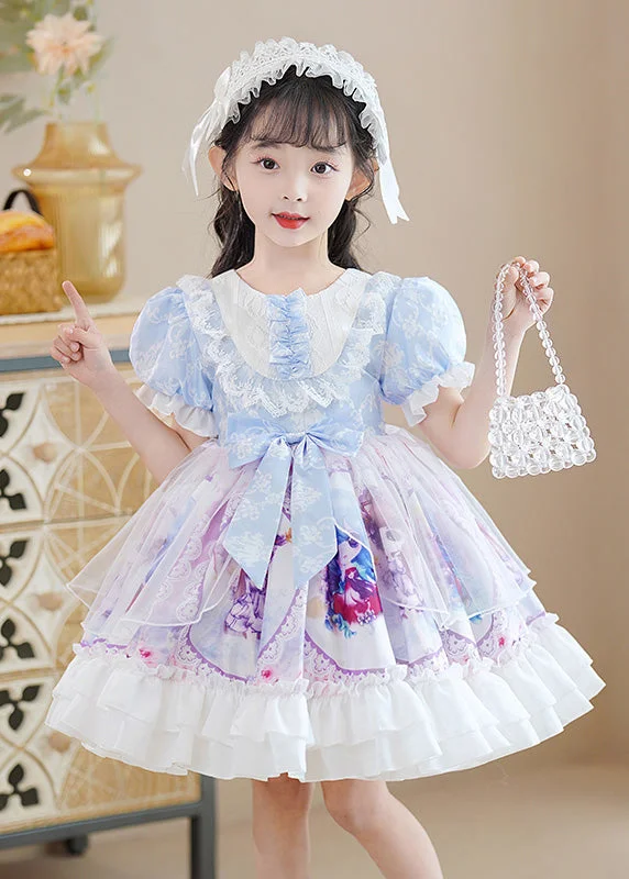 cinched-waist midi dressesDIY Blue O-Neck Print Patchwork Bow Tulle Girls Mid Dress Puff Sleeve