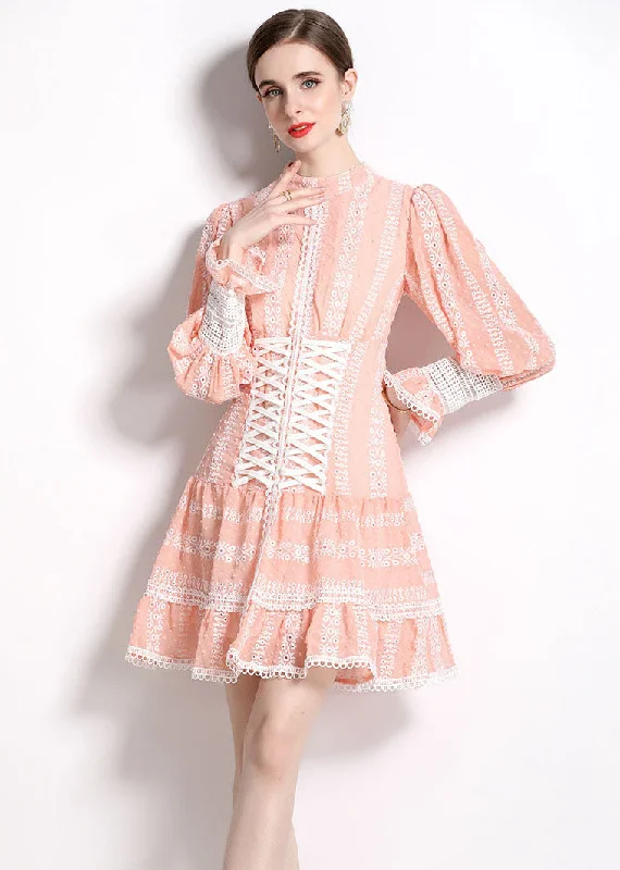 long-sleeved midi dressesChic Pink Hollow Out Embroideried Patchwork Chiffon Mid Dress Puff Sleeve