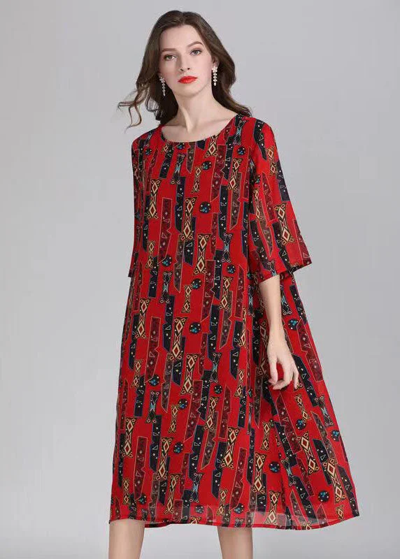 midi dresses with bow detailsFrench Red O Neck Print Patchwork Chiffon Mid Dress Summer