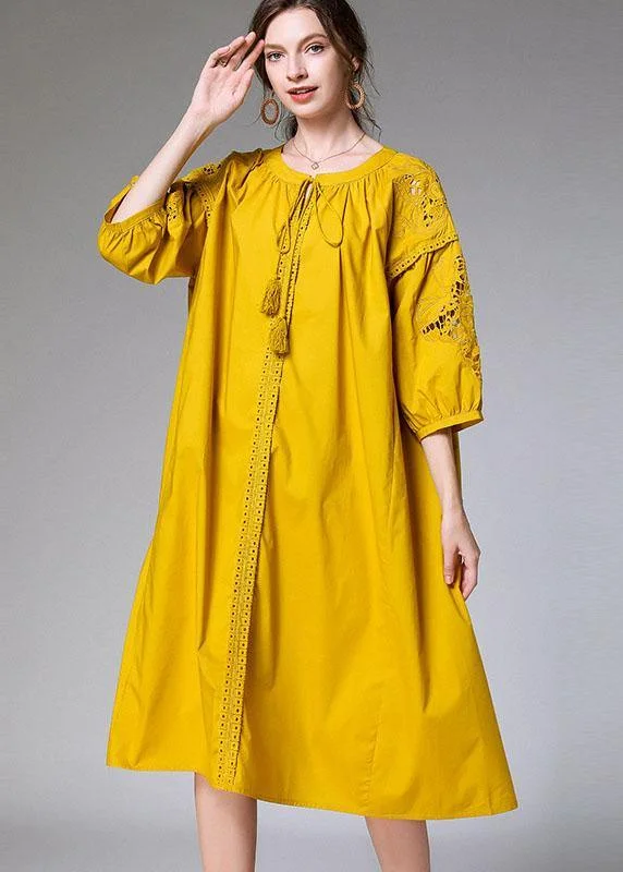 midi dresses with pocketsBeautiful Yellow Hollow Out Embroideried Spring Three Quarter Sleeve Mid Dress