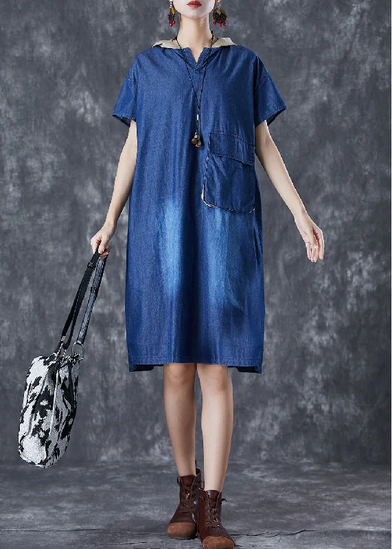 midi cocktail dressesWomen Blue Hooded Patchwork Pocket Denim Mid Dress Summer