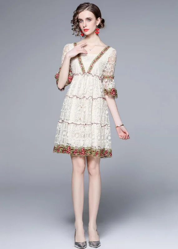 midi dresses in floral printsStyle White Ruffled Embroideried Patchwork Lace Mid Dress Summer