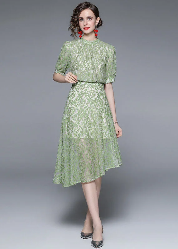 midi dresses for summerFashion Green Jacquard Asymmetrical Patchwork Lace Mid Dress Summer