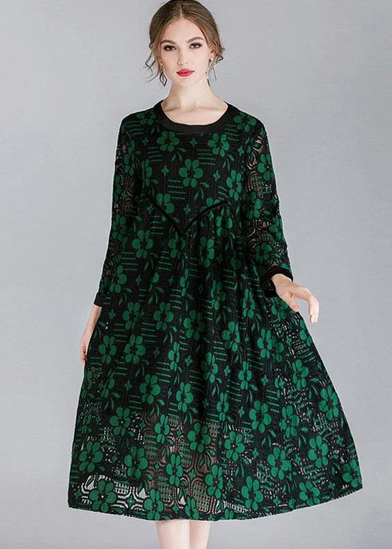 midi dresses for winterFitted Green Hollow Out Jacquard Spring Long Sleeve Mid Dress