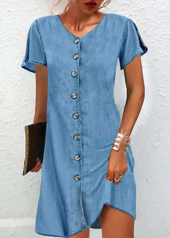 midi cocktail dressesSimple Blue V Neck Button Patchwork Denim Mid Dress Short Sleeve