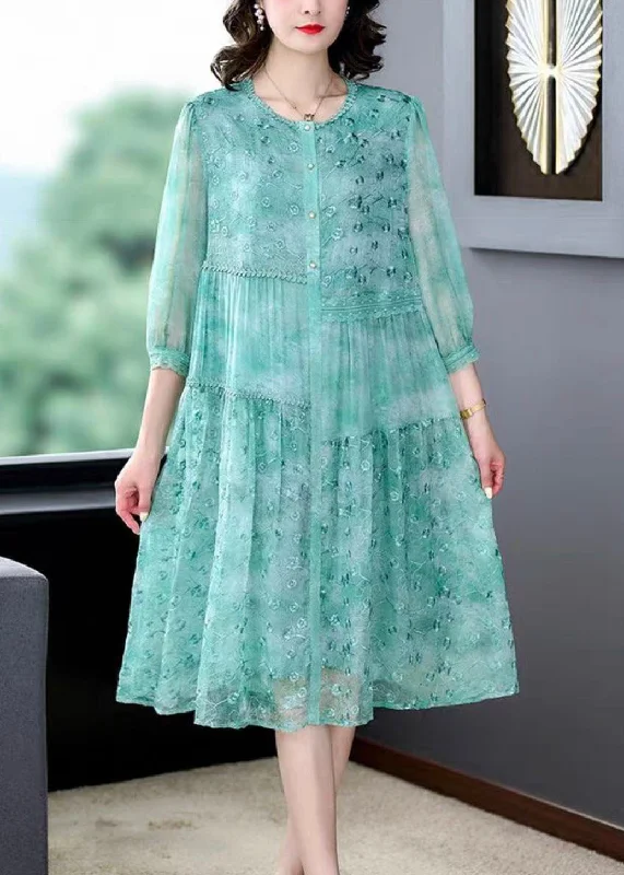 casual midi dressesWomen Green Embroideried Patchwork Silk Mid Dress Summer