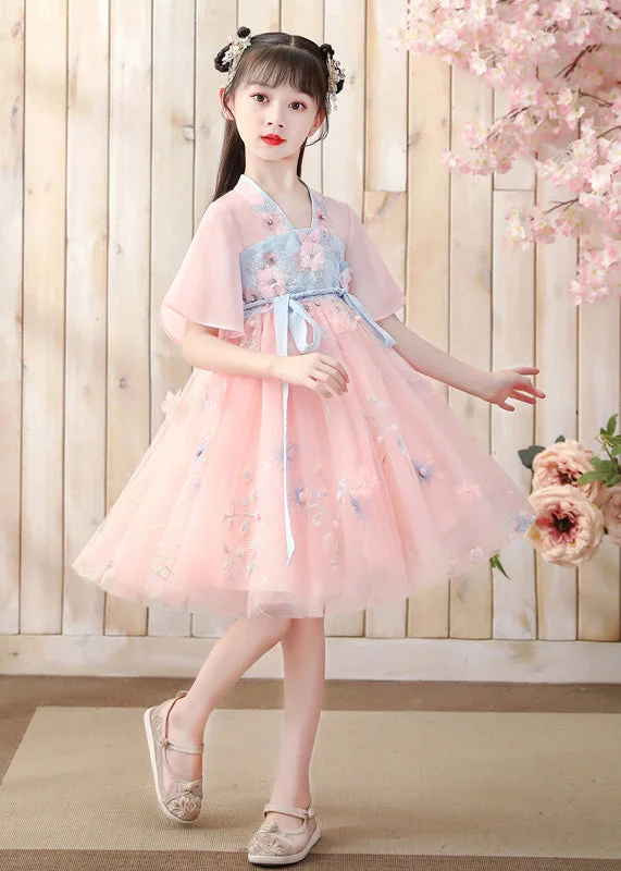 midi dresses with frillsFashion Pink V Neck Embroideried Layered Tulle Kids Mid Dress Short Sleeve