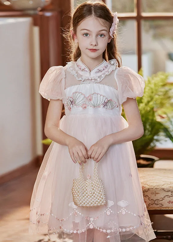 casual everyday midi dressesLovely Pink Stand Collar Embroideried Lace Patchwork Tulle Baby Girls Mid Dress Short Sleeve