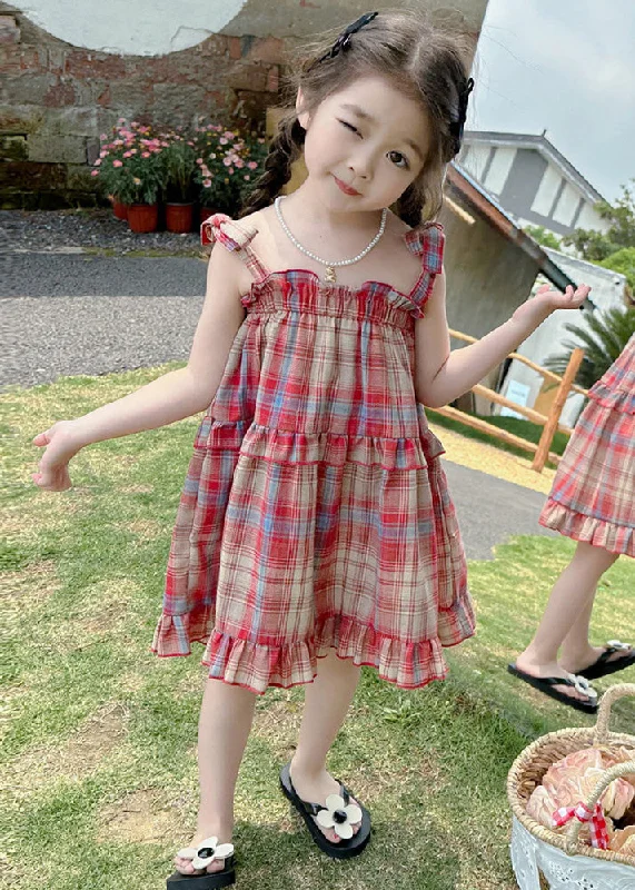 two-piece midi dressesBoutique Red Square Collar Plaid Patchwork Kids Mid Dress Summer