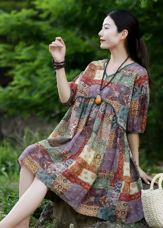 short sleeve midi dressesPurple Print Patchwork Linen Mid Dress V Neck Wrinkled Summer