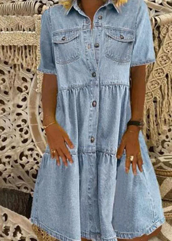 high-low midi dressesStyle Light Blue Peter Pan Collar Wrinkled Patchwork Denim Mid Dress Summer