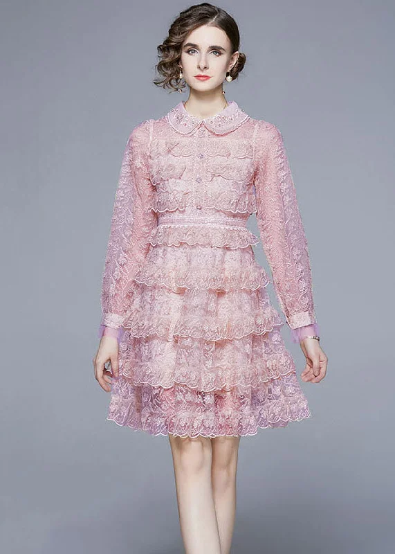 everyday midi dressesNew Pink Ruffled Lace Button Patchwork Tulle Mid Dress Summer