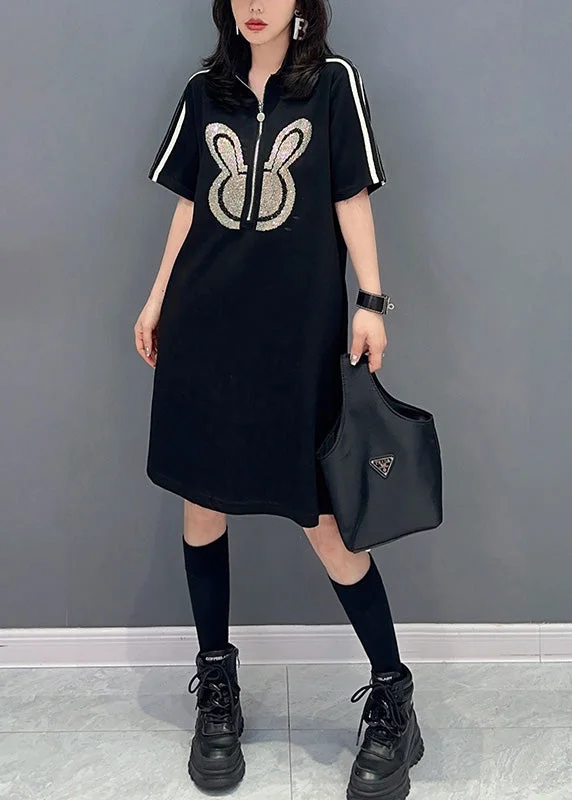 midi dresses with sleevesBlack Zippered Rabbit Print Mid Dresses Short Sleeve