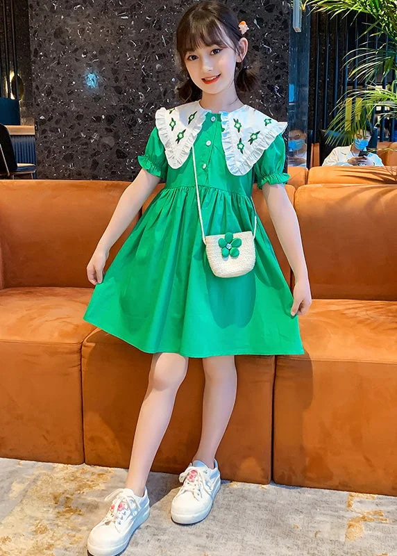 midi dresses for petitesGreen Peter Pan Collar Button Cotton Kids Mid Dresses Peter Pan Collar Summer