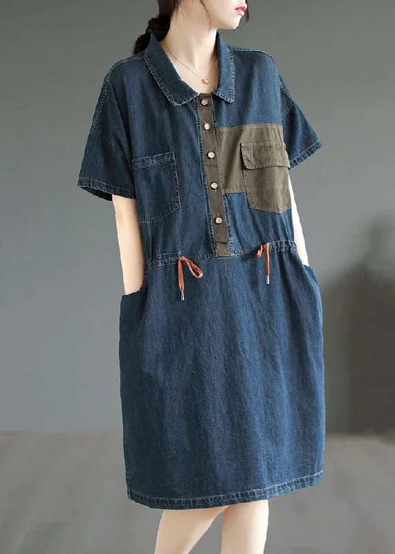 boho midi dressesBoutique Blue Button Drawstring Pockets Patchwork Denim Mid Dress Summer