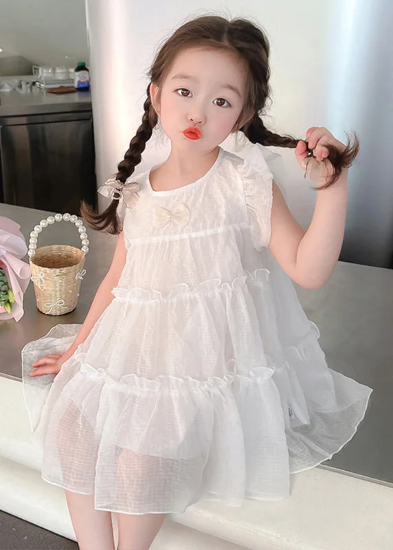 midi pencil dressesElegant White Bow Tulle Kids A Line Mid Dresses Summer