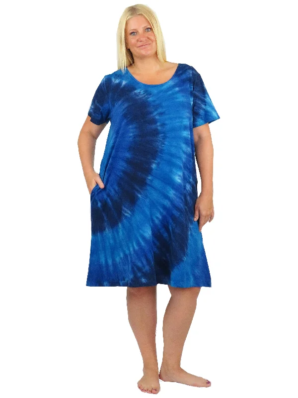 women's empire-line dressesLa Cera Cotton Knit Short Sleeve Denim Blue Tie-Dye Dress - Plus Size