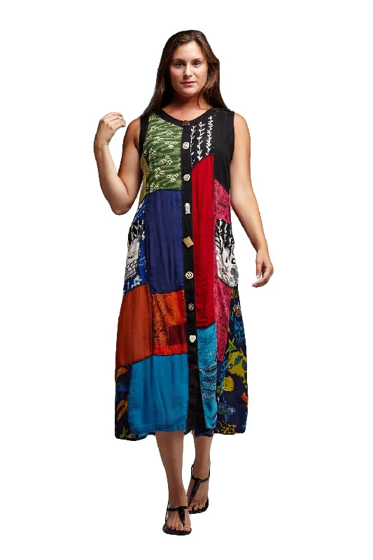 women's everyday dressesNovelty Button Patchwork Rayon Print Dress