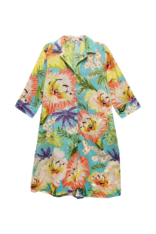 women's cotton dressesLa Cera Tropical Floral Printed Button-Down Shirt Dress - Plus Size