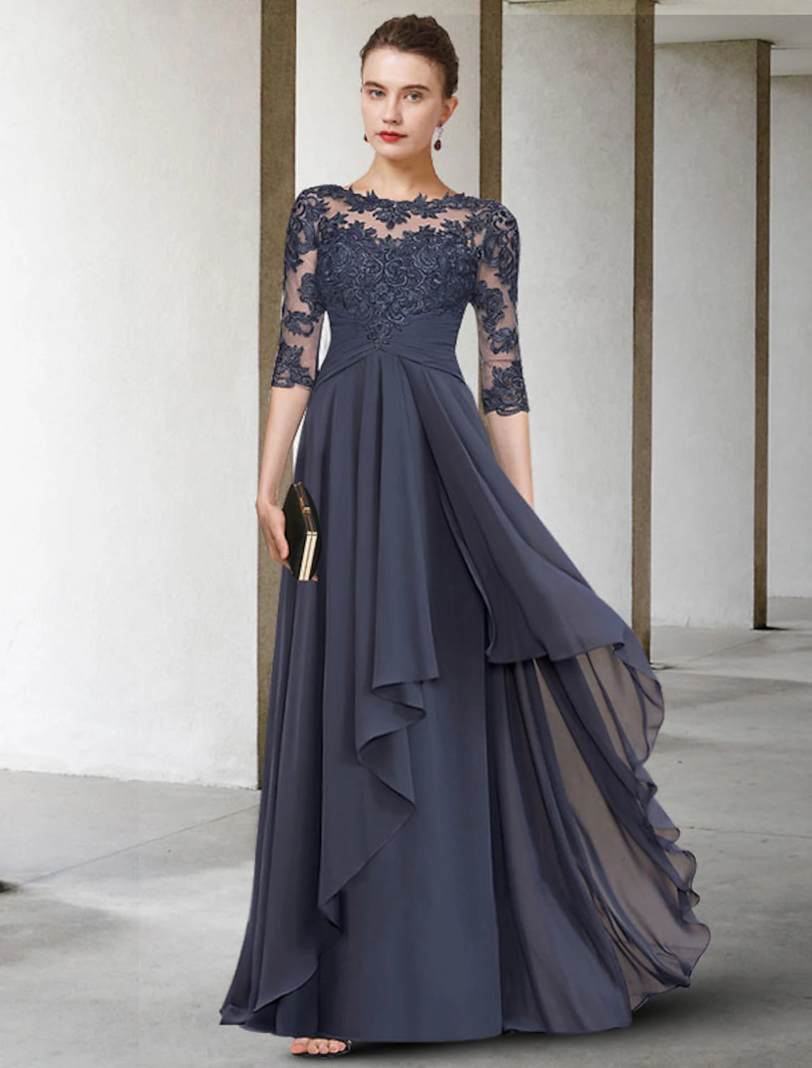 timeless wedding dressesA-Line Mother of the Bride Dress Plus Size Elegant Jewel Neck Floor Length Chiffon Lace 3/4 Length Sleeve with Pleats Ruched Appliques