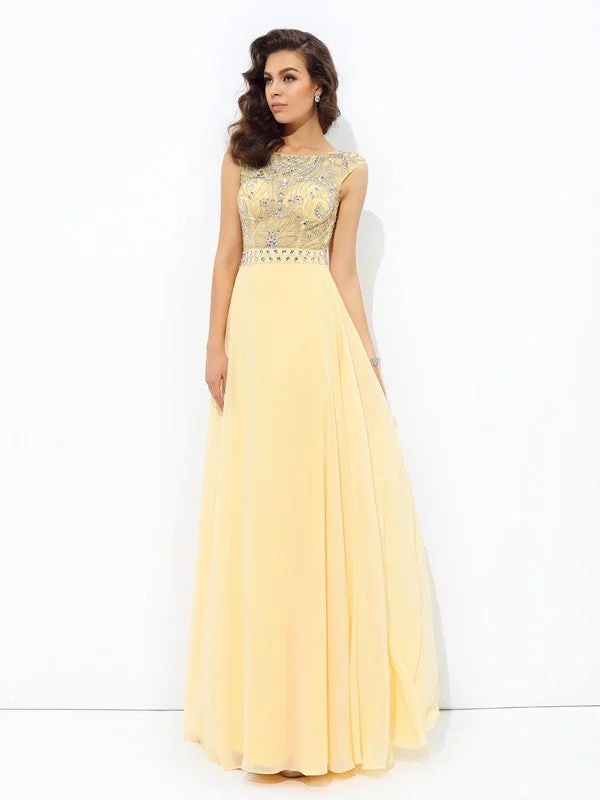 maxi dresses for partiesA-line/Princess Bateau Beading Sleeveless Long Chiffon Dresses