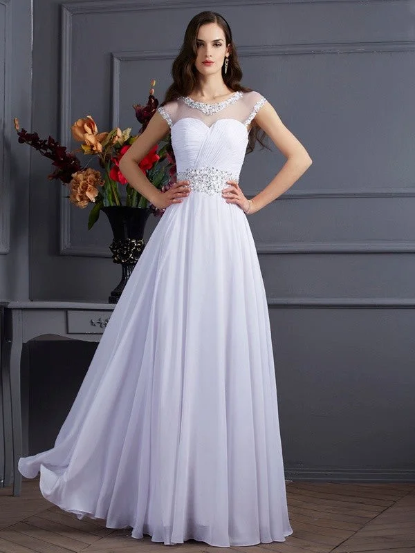 maxi dresses with cap sleevesA-Line/Princess Bateau Short Sleeves Beading Long Chiffon Dresses