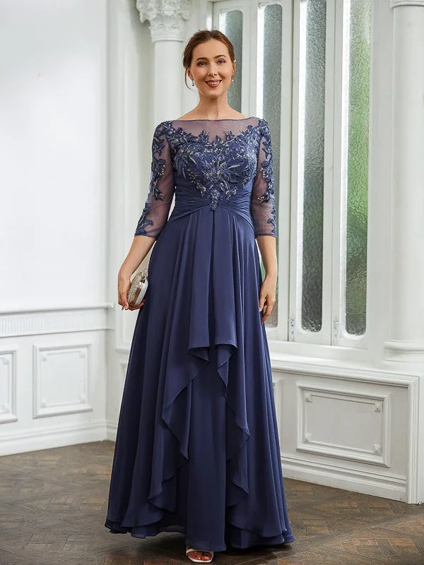 eco-friendly wedding dressesA-Line/Princess Chiffon Applique Bateau 3/4 Sleeves Floor-Length Mother of the Bride Dresses