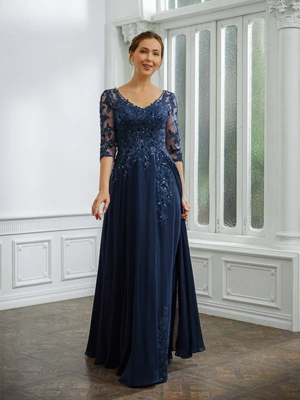 sustainable wedding dressesA-Line/Princess Chiffon Applique V-neck 3/4 Sleeves Floor-Length Mother of the Bride Dresses