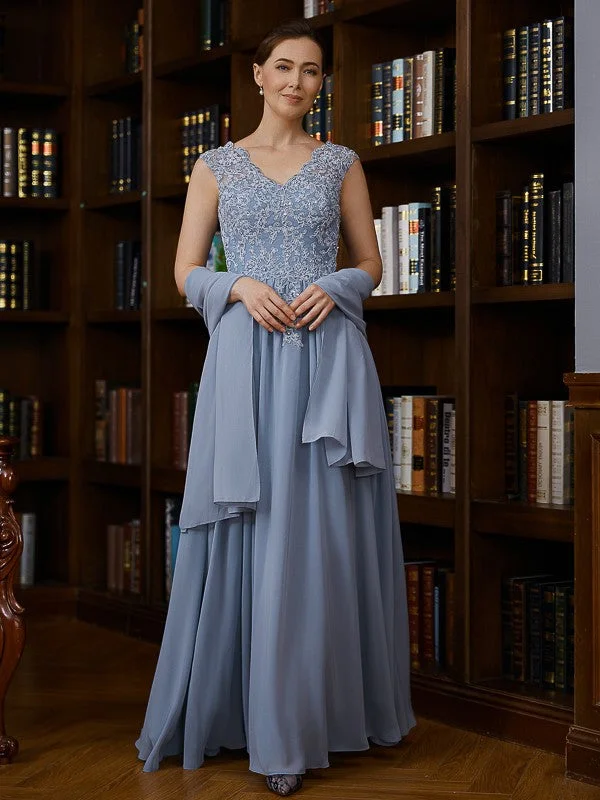 wedding dress with sleevesA-Line/Princess Chiffon Applique V-neck Sleeveless Floor-Length Mother of the Bride Dresses