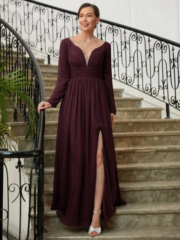 wedding dress with built-in petticoatA-Line/Princess Chiffon Ruched V-neck Long Sleeves Floor-Length Mother of the Bride Dresses