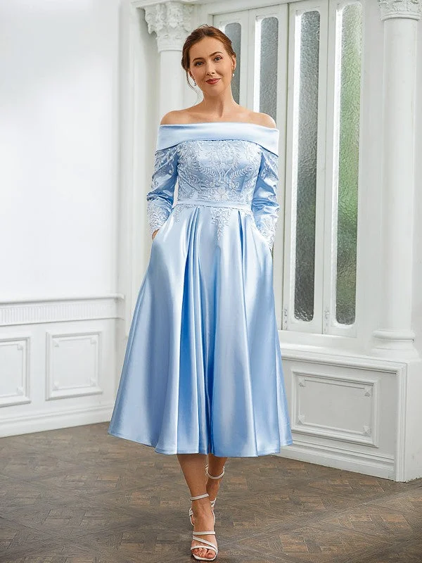 plus-size friendly wedding dressesA-Line/Princess  Woven Satin Ruched Off-the-Shoulder Long Sleeves Tea-Length Mother of the Bride Dresses