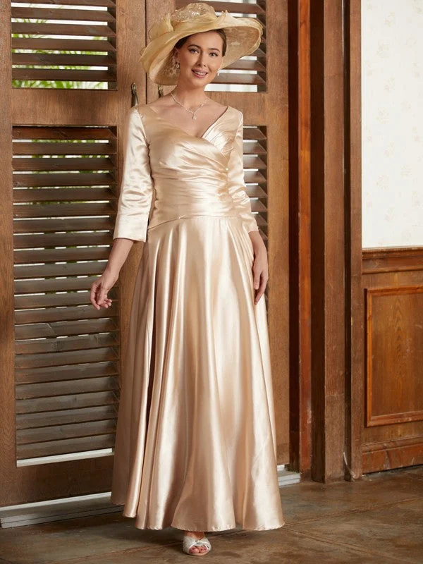 wedding dress with trainA-Line/Princess  Woven Satin Ruched V-neck 3/4 Sleeves Ankle-Length Mother of the Bride Dresses