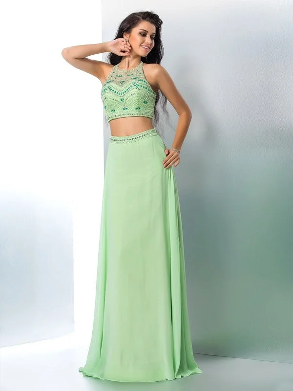 maxi dresses with high necklinesA-Line/Princess Halter Beading Sleeveless Long Chiffon Two Piece Dresses