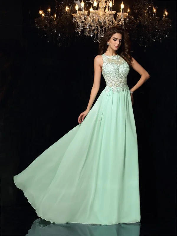 elegant maxi dressesA-Line/Princess High Neck Applique Sleeveless Long Chiffon Dresses