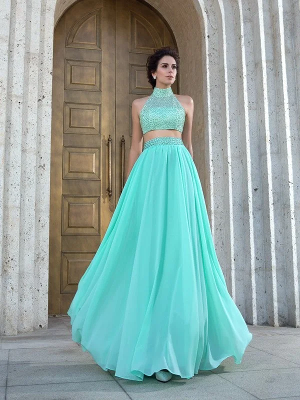 maxi dresses with removable beltsA-Line/Princess High Neck Beading Sleeveless Long Chiffon Two Piece Dresses