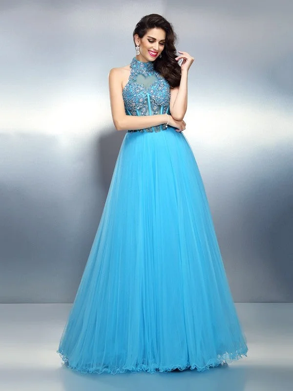 solid color maxi dressesA-Line/Princess High Neck Beading Sleeveless Long Satin Dresses