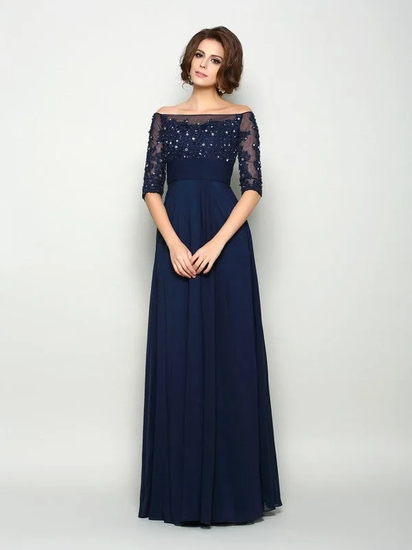 wedding dress with trainA-Line/Princess Off-the-Shoulder Beading 1/2 Sleeves Long Chiffon Mother of the Bride Dresses