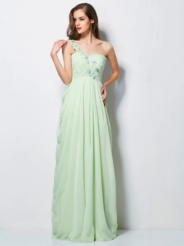 maxi dresses with cold-shoulder cutsA-Line/Princess One-Shoulder Sleeveless Applique Long Chiffon Dresses