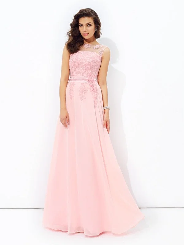 maxi dresses with back pocketsA-line/Princess Scoop Applique Sleeveless Long Chiffon Dresses