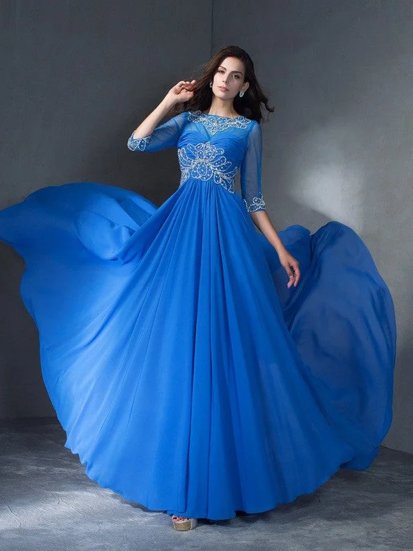 maxi dresses with sleevesA-Line/Princess Scoop Beading 1/2 Sleeves Long Chiffon Dresses