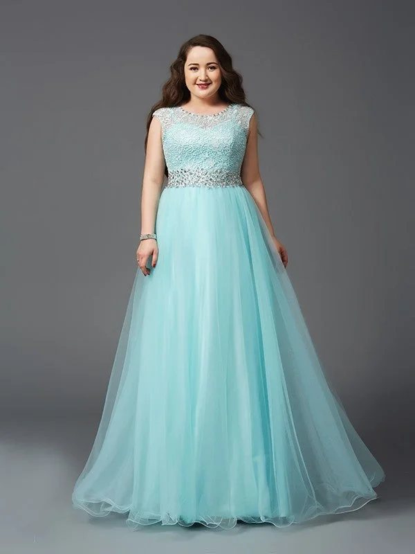 casual maxi dressesA-Line/Princess Scoop Rhinestone Sleeveless Long Tulle Plus Size Dresses