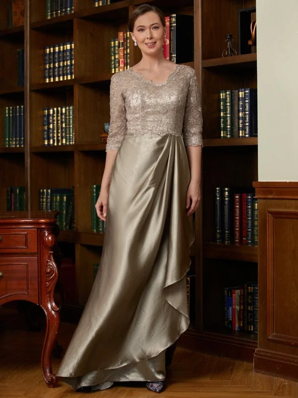 wedding dress with pocketsA-Line/Princess Silk Like Satin Lace V-neck 3/4 Sleeves Sweep/Brush Train Mother of the Bride Dresses