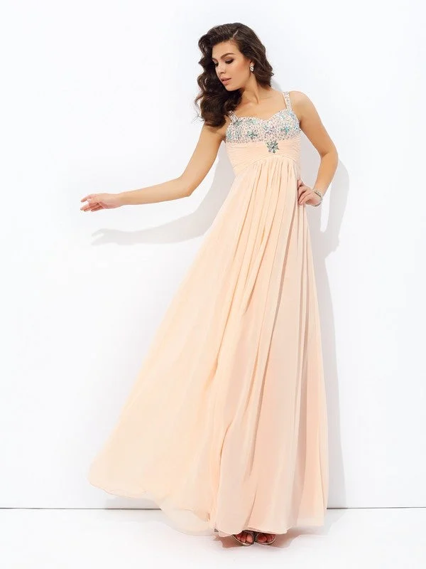 maxi dresses with long sleevesA-line/Princess Spaghetti Straps Beading Sleeveless Long Chiffon Dresses