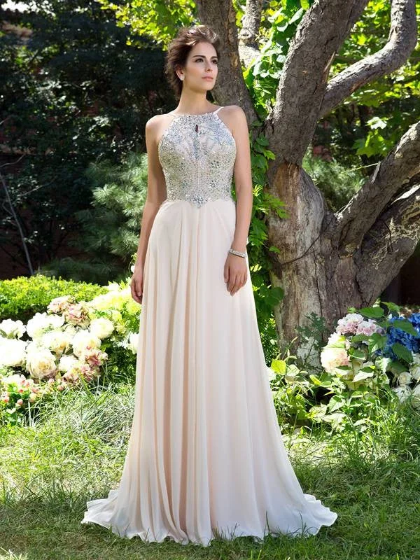 maxi dresses with built-in brasA-Line/Princess Spaghetti Straps Beading Sleeveless Long Chiffon Dresses