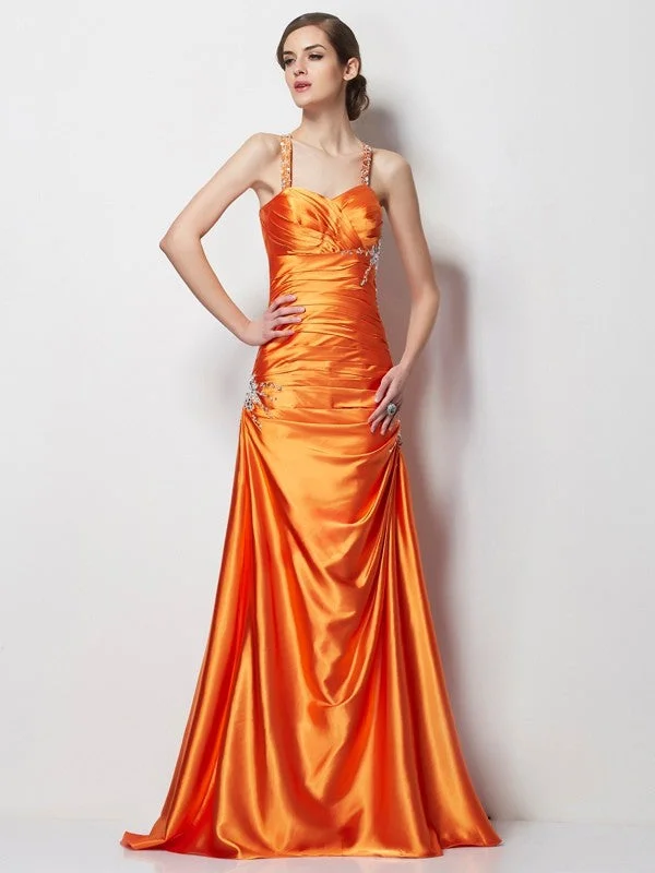 maxi dresses with short sleevesA-Line/Princess Spaghetti Straps Sleeveless Beading Long  Woven Satin Dresses