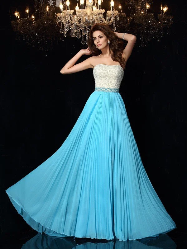 maxi dresses for pool partiesA-Line/Princess Strapless Beading Sleeveless Long Chiffon Dresses