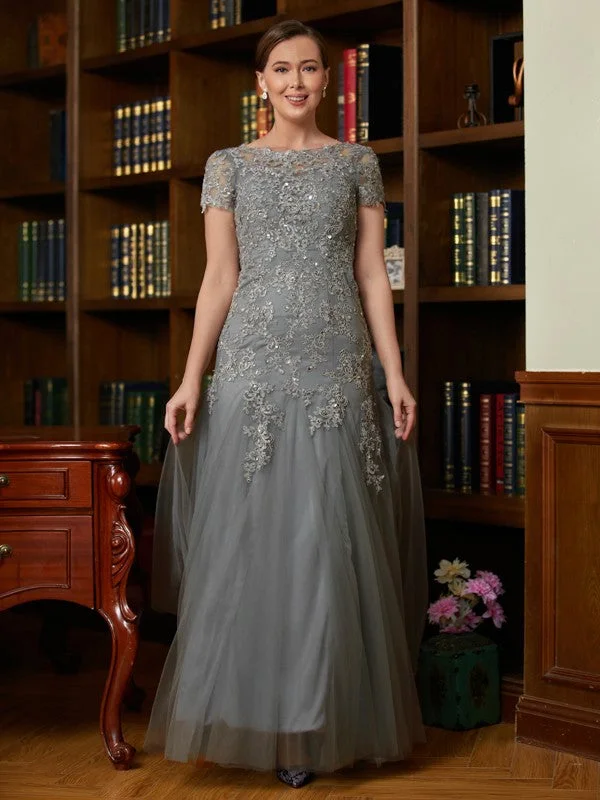 wedding dress with sleevesA-Line/Princess Tulle Lace Scoop Short Sleeves Floor-Length Mother of the Bride Dresses