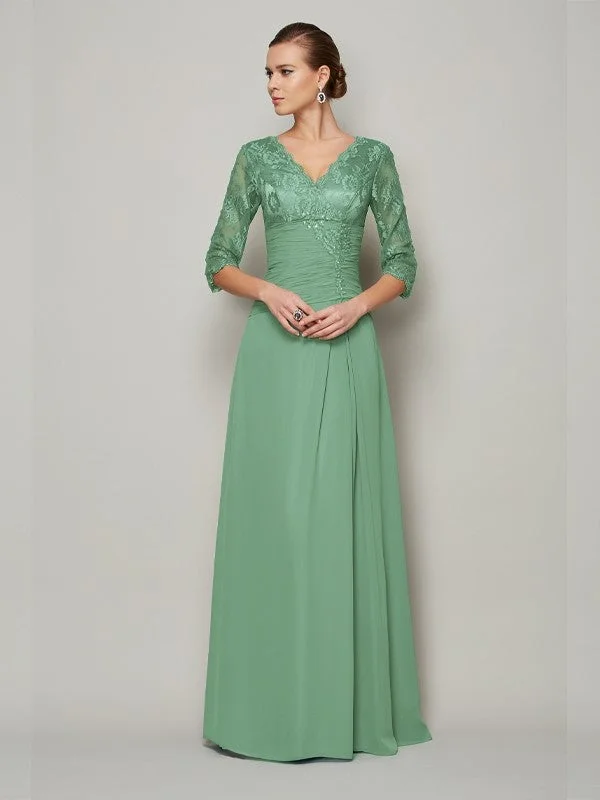 simple wedding dressesA-Line/Princess V-neck 3/4 Sleeves Lace Long Chiffon Mother of the Bride Dresses