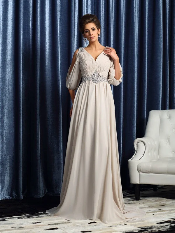 silk wedding dressesA-Line/Princess V-neck Beading 1/2 Sleeves Long Chiffon Mother of the Bride Dresses