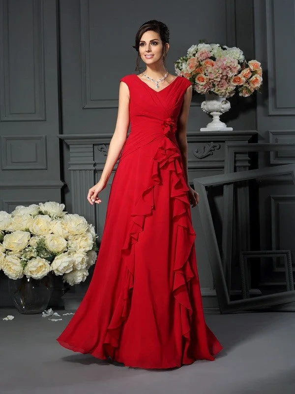 minimalist wedding dressesA-Line/Princess V-neck Hand-Made Flower Sleeveless Long Chiffon Mother of the Bride Dresses